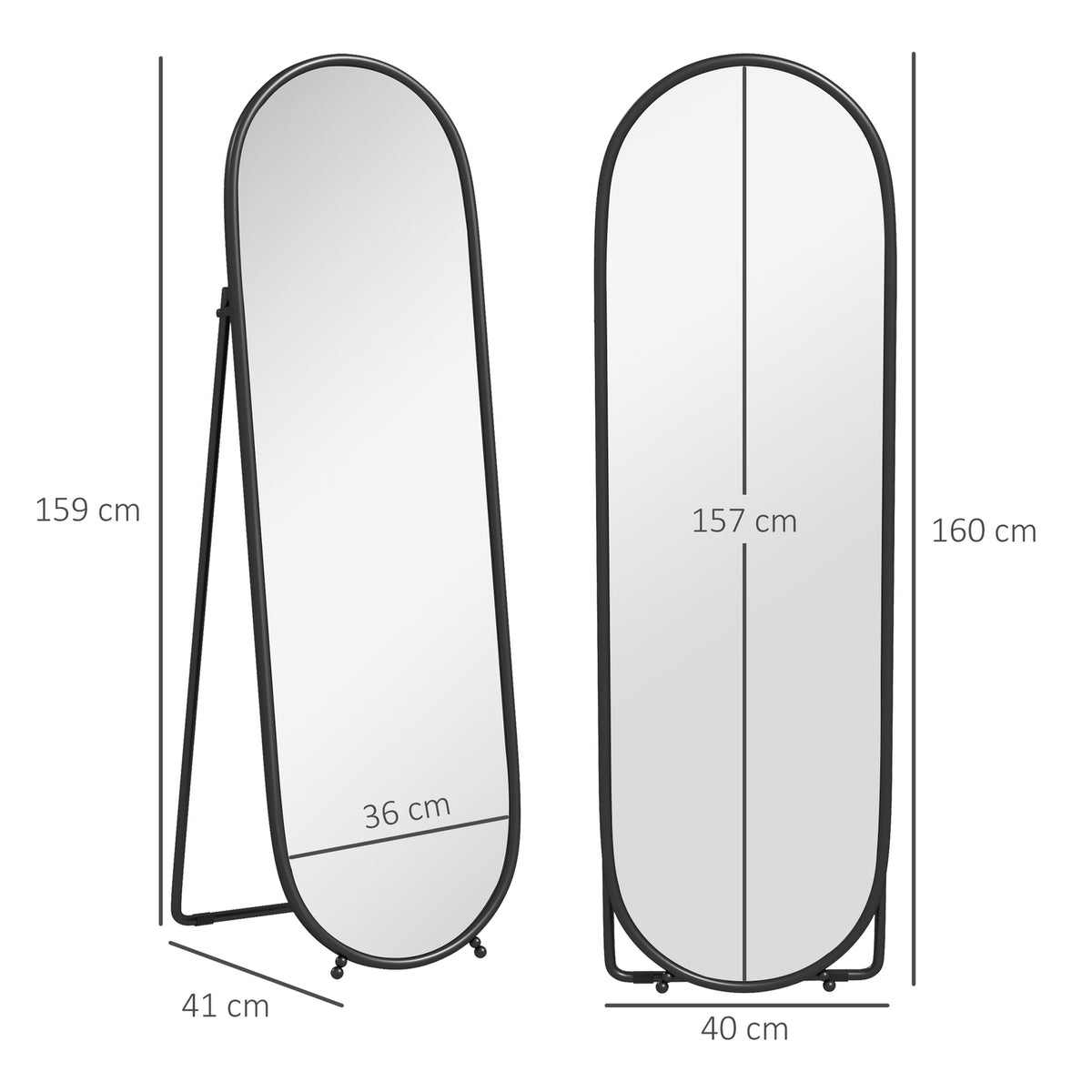 Full Length Mirror, 160 x 40 cm Wall Mirror with Stand, Metal Frame, Oval Standing Mirror for Living Room, Bedroom, Black |