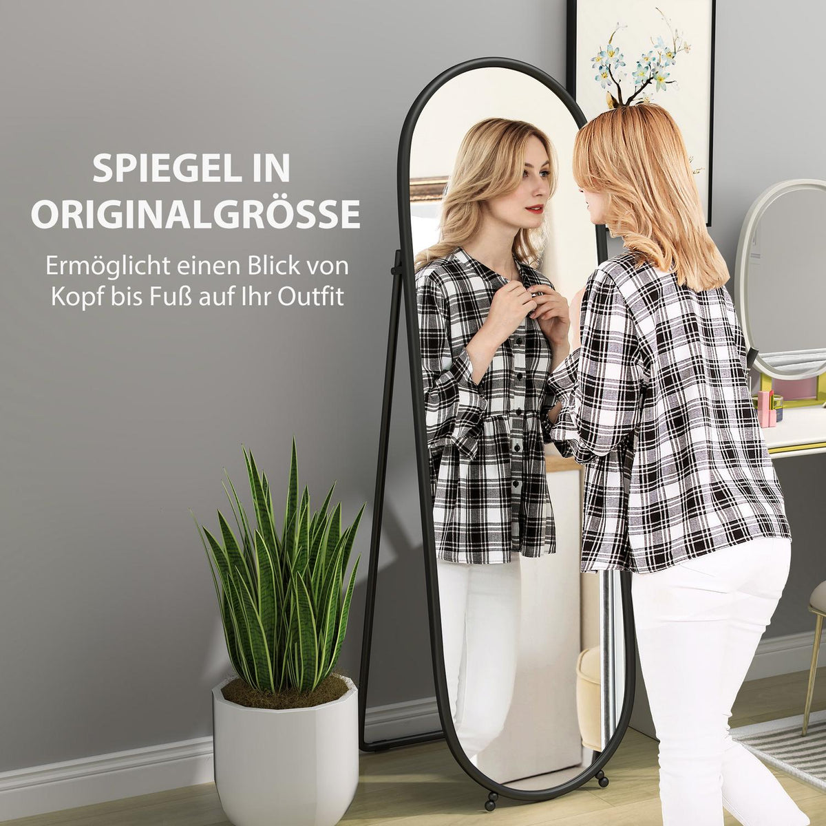 Full Length Mirror, 160 x 40 cm Wall Mirror with Stand, Metal Frame, Oval Standing Mirror for Living Room, Bedroom, Black |