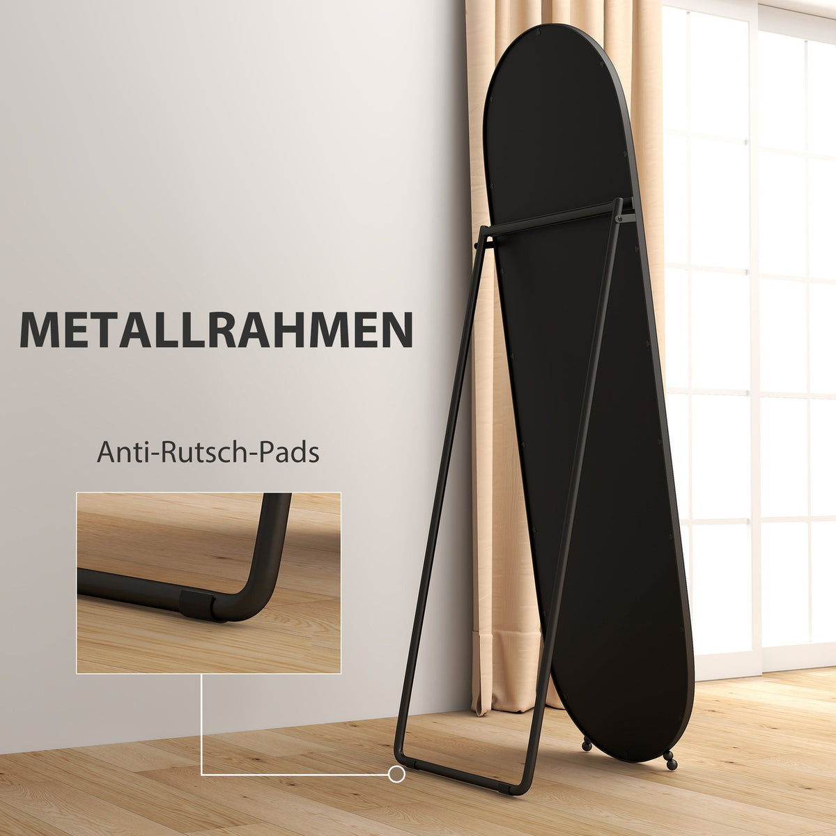 Full Length Mirror, 160 x 40 cm Wall Mirror with Stand, Metal Frame, Oval Standing Mirror for Living Room, Bedroom, Black |