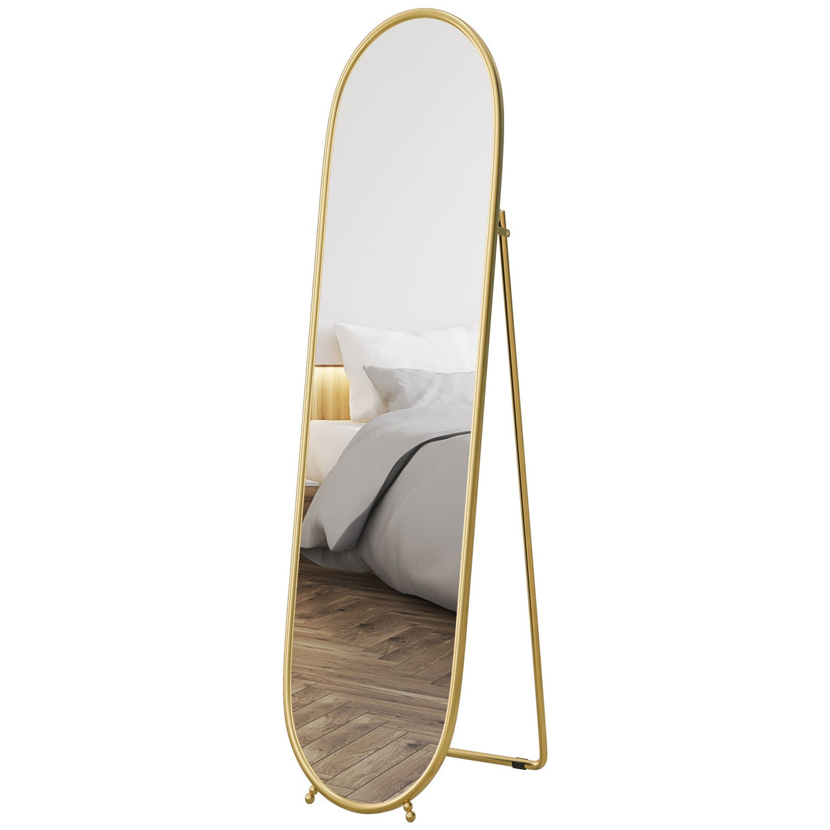 Full Length Mirror, 160 x 40 cm Wall Mirror with Stand, Metal Frame, Oval Standing Mirror for Living Room, Bedroom, Gold