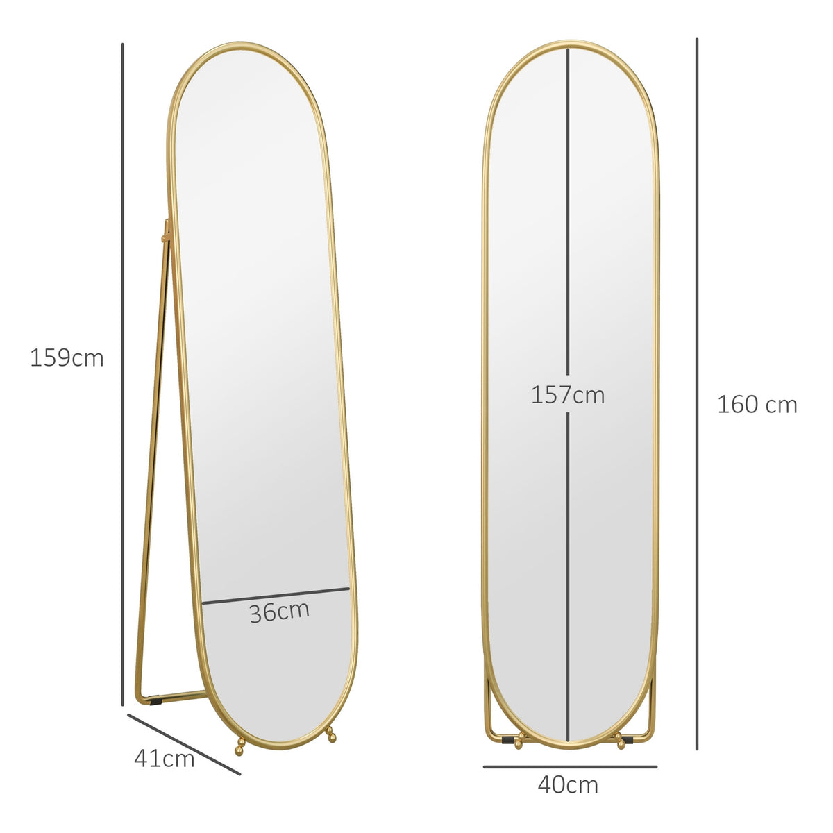 Full Length Mirror, 160 x 40 cm Wall Mirror with Stand, Metal Frame, Oval Standing Mirror for Living Room, Bedroom, Gold