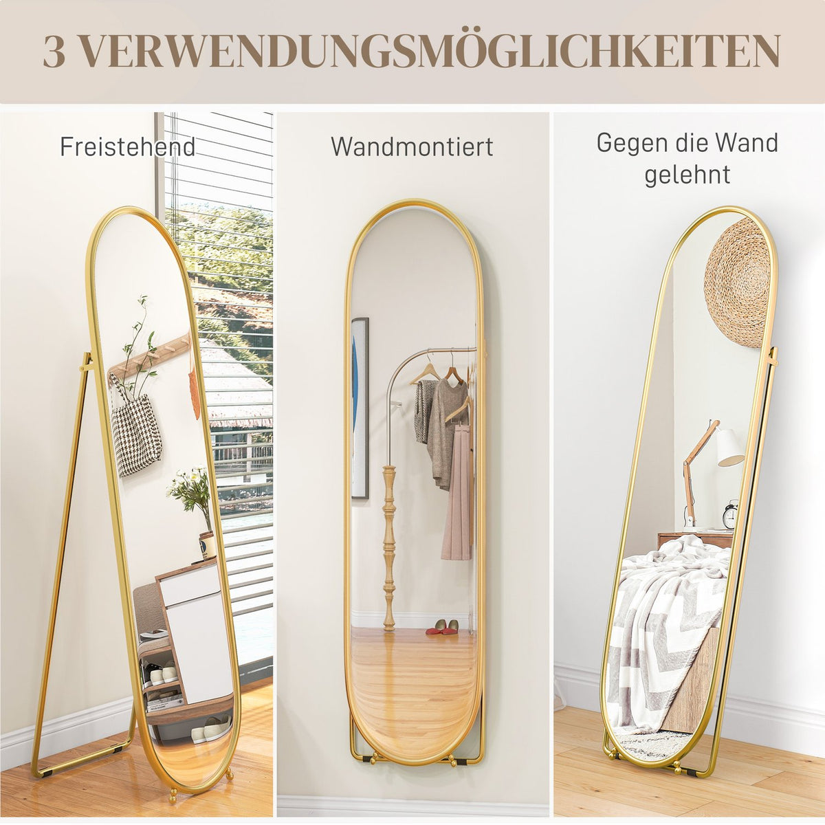 Full Length Mirror, 160 x 40 cm Wall Mirror with Stand, Metal Frame, Oval Standing Mirror for Living Room, Bedroom, Gold