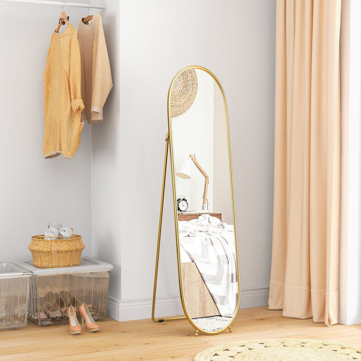 Full Length Mirror, 160 x 40 cm Wall Mirror with Stand, Metal Frame, Oval Standing Mirror for Living Room, Bedroom, Gold