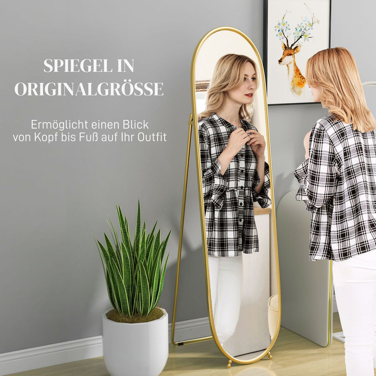 Full Length Mirror, 160 x 40 cm Wall Mirror with Stand, Metal Frame, Oval Standing Mirror for Living Room, Bedroom, Gold
