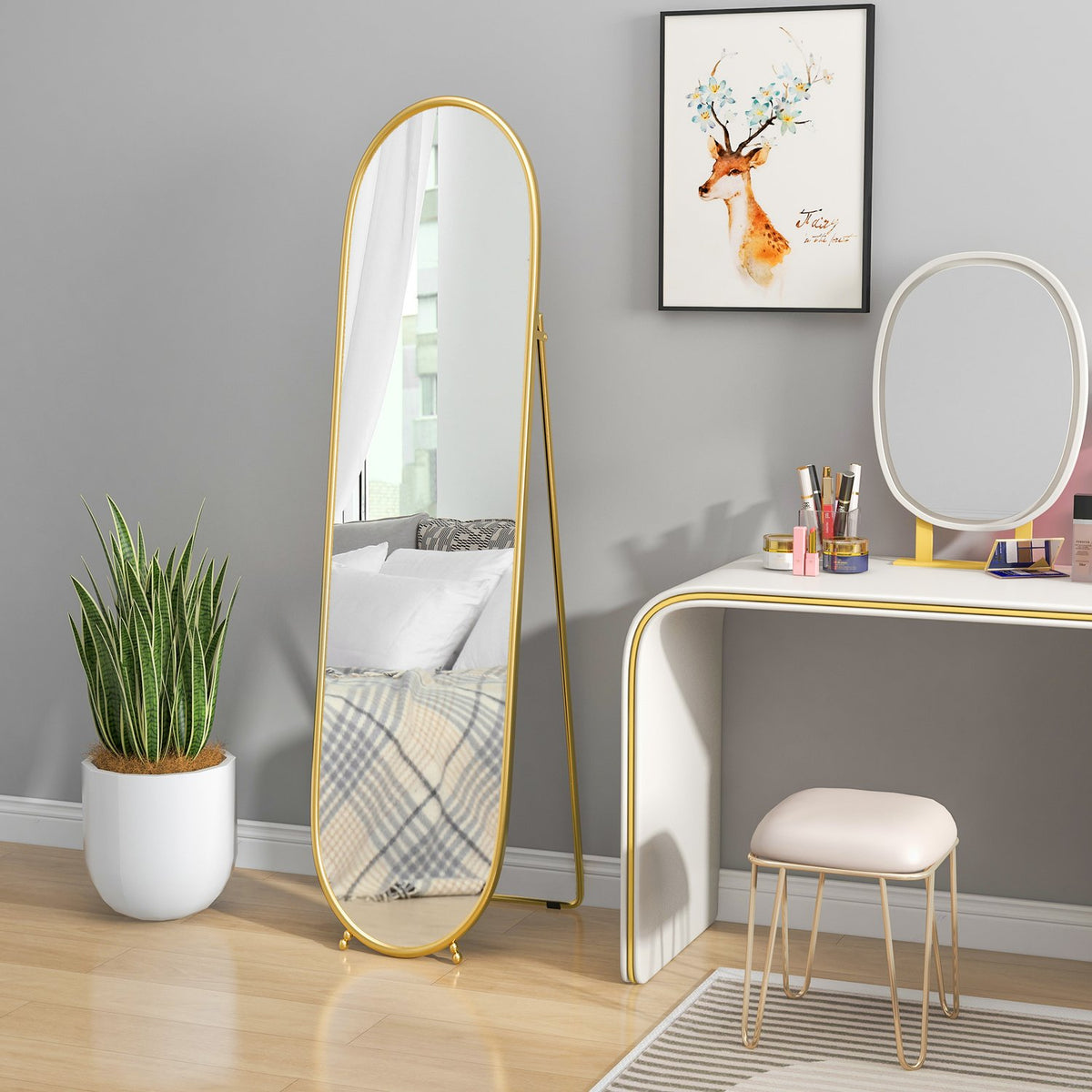 Full Length Mirror, 160 x 40 cm Wall Mirror with Stand, Metal Frame, Oval Standing Mirror for Living Room, Bedroom, Gold