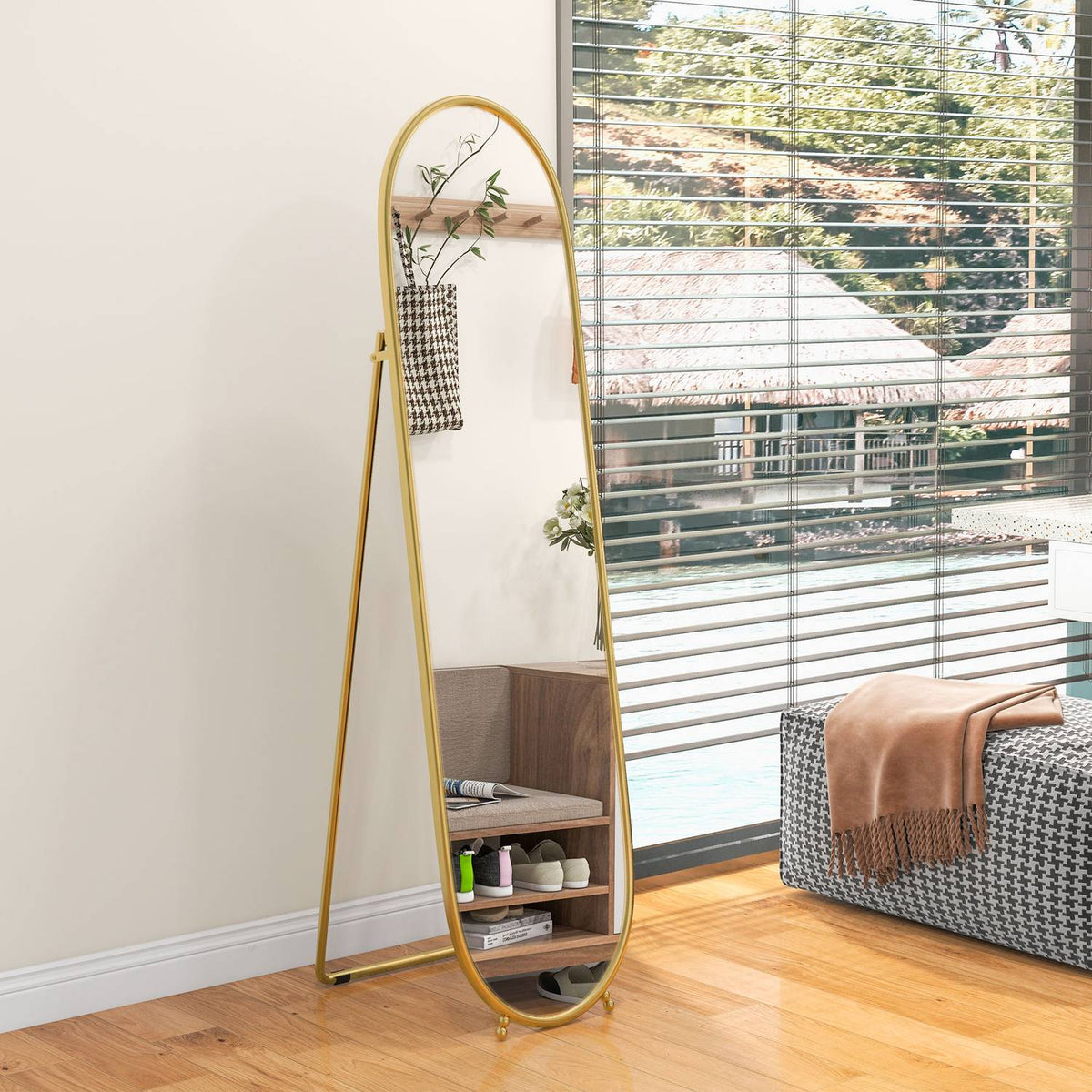 Full Length Mirror, 160 x 40 cm Wall Mirror with Stand, Metal Frame, Oval Standing Mirror for Living Room, Bedroom, Gold