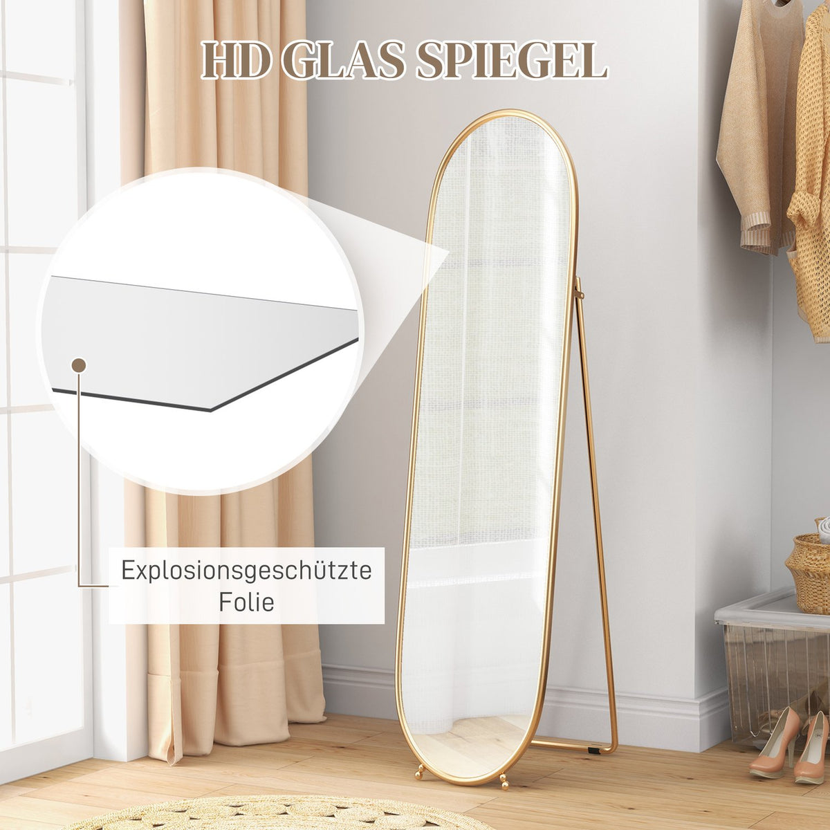 Full Length Mirror, 160 x 40 cm Wall Mirror with Stand, Metal Frame, Oval Standing Mirror for Living Room, Bedroom, Gold
