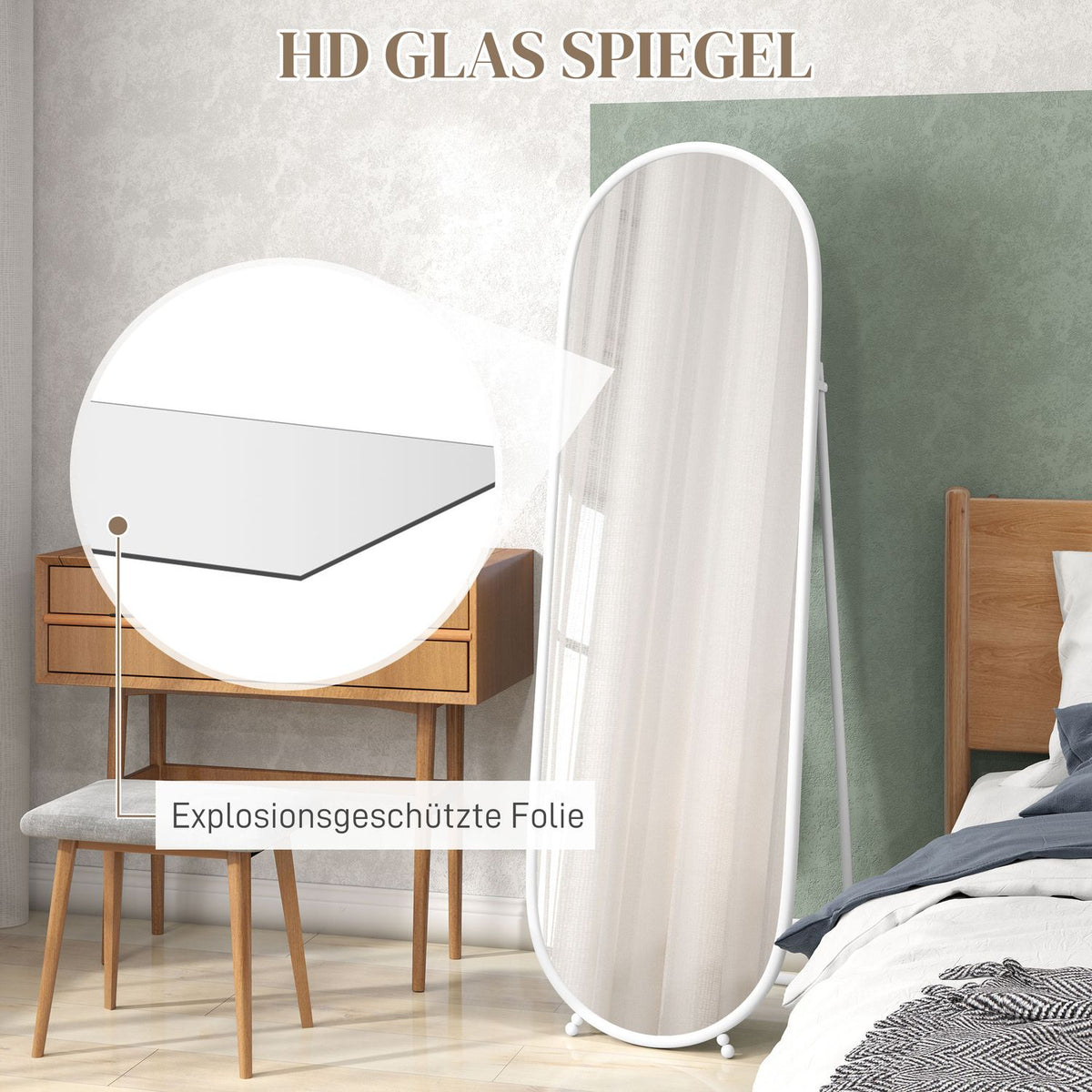 Full Length Mirror, 160 x 40 cm Wall Mirror with Stand, Metal Frame, Oval Standing Mirror for Living Room, Bedroom, White |