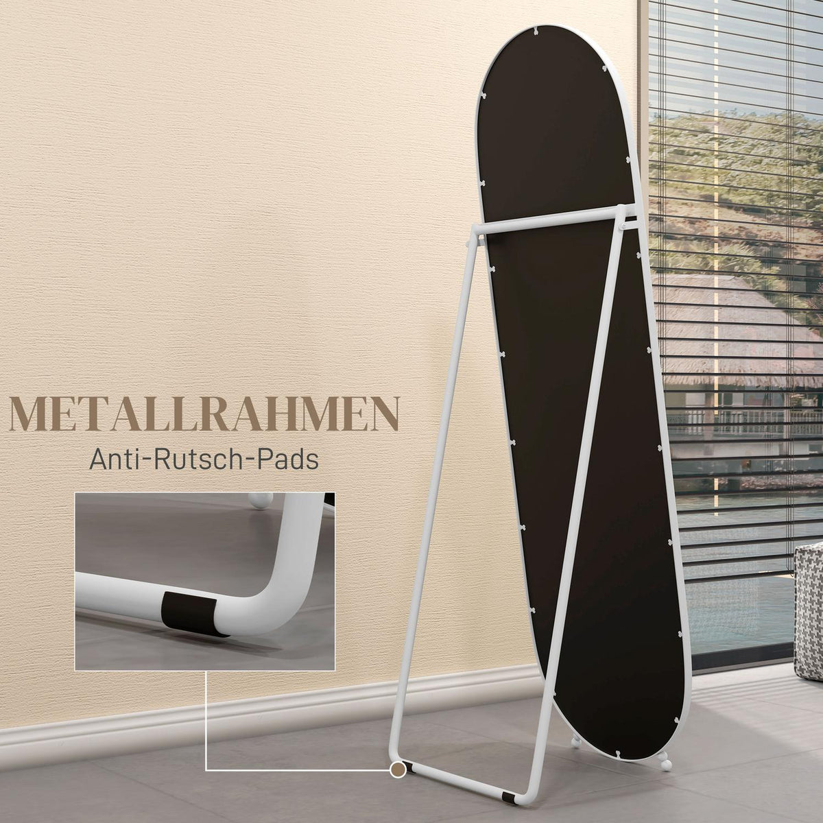 Full Length Mirror, 160 x 40 cm Wall Mirror with Stand, Metal Frame, Oval Standing Mirror for Living Room, Bedroom, White |