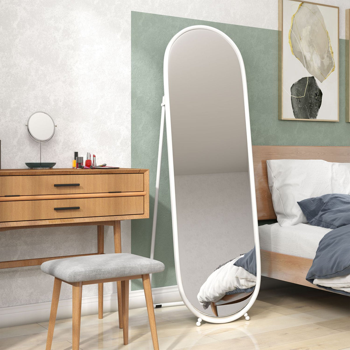 Full Length Mirror, 160 x 40 cm Wall Mirror with Stand, Metal Frame, Oval Standing Mirror for Living Room, Bedroom, White |