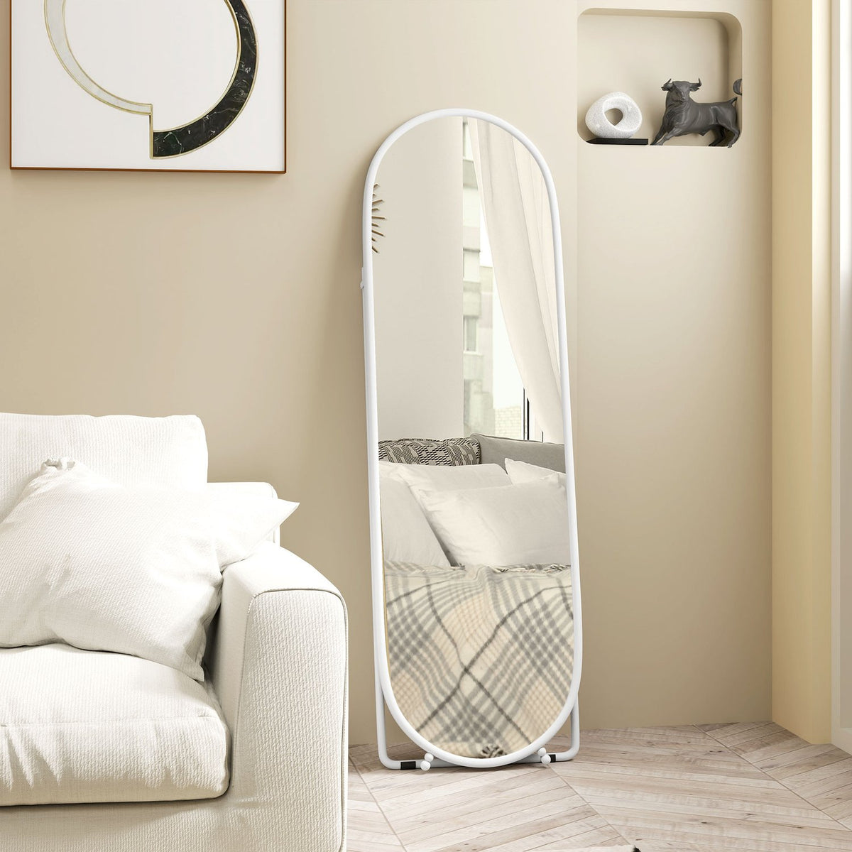 Full Length Mirror, 160 x 40 cm Wall Mirror with Stand, Metal Frame, Oval Standing Mirror for Living Room, Bedroom, White |