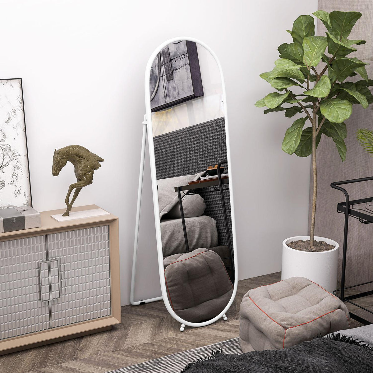 Full Length Mirror, 160 x 40 cm Wall Mirror with Stand, Metal Frame, Oval Standing Mirror for Living Room, Bedroom, White |
