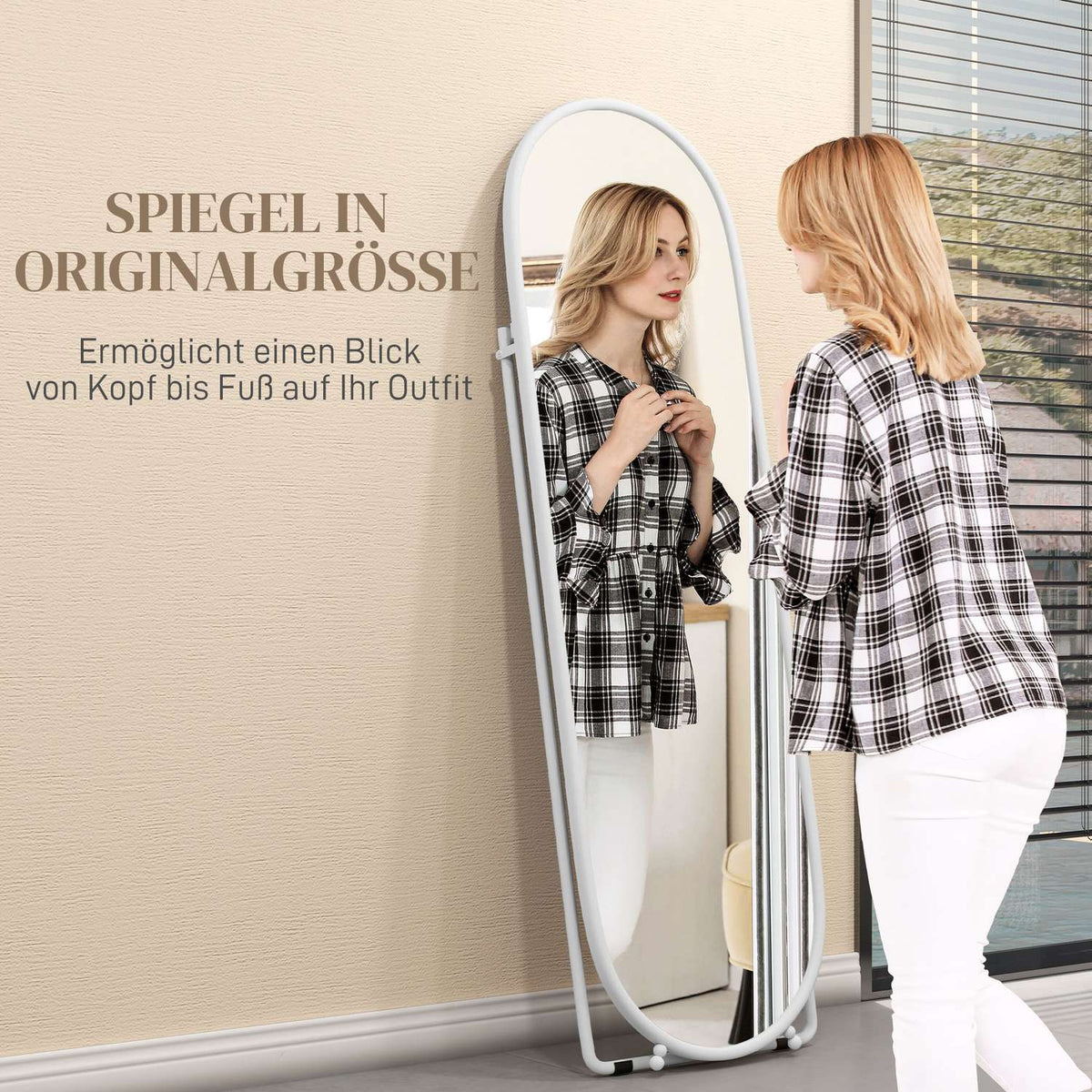 Full Length Mirror, 160 x 40 cm Wall Mirror with Stand, Metal Frame, Oval Standing Mirror for Living Room, Bedroom, White |