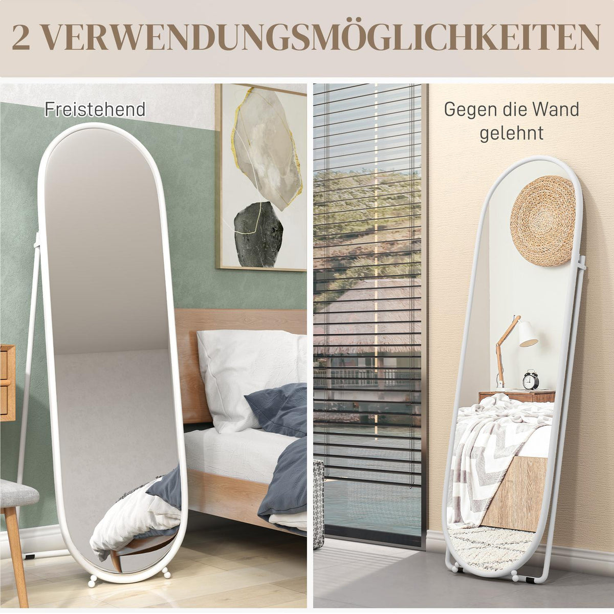 Full Length Mirror, 160 x 40 cm Wall Mirror with Stand, Metal Frame, Oval Standing Mirror for Living Room, Bedroom, White |