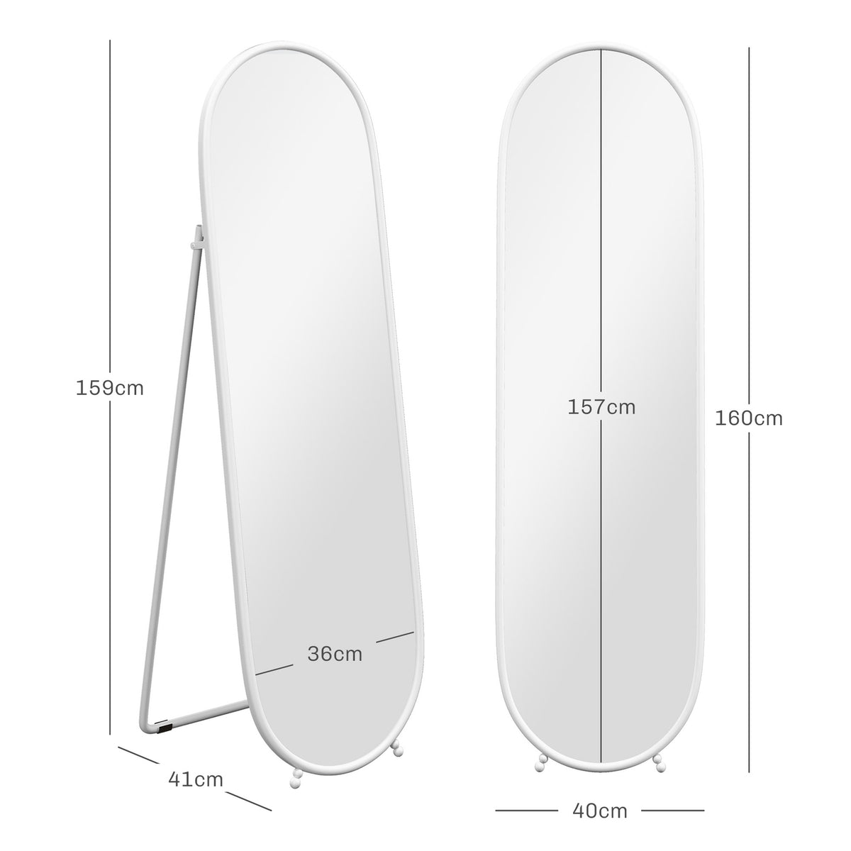 Full Length Mirror, 160 x 40 cm Wall Mirror with Stand, Metal Frame, Oval Standing Mirror for Living Room, Bedroom, White |