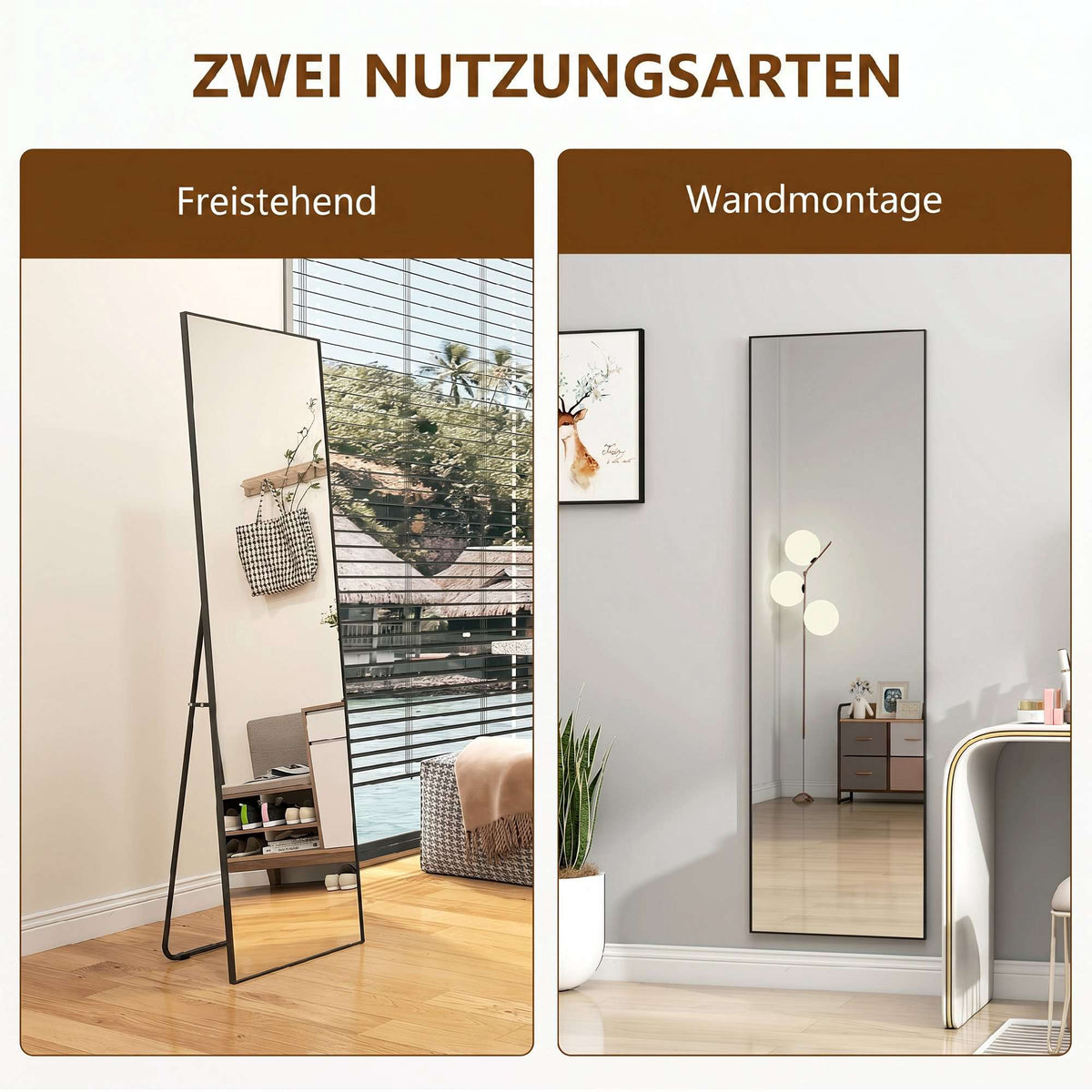 Full-Length Mirror, 161.5 cm, Silver, Wall or Free-Standing