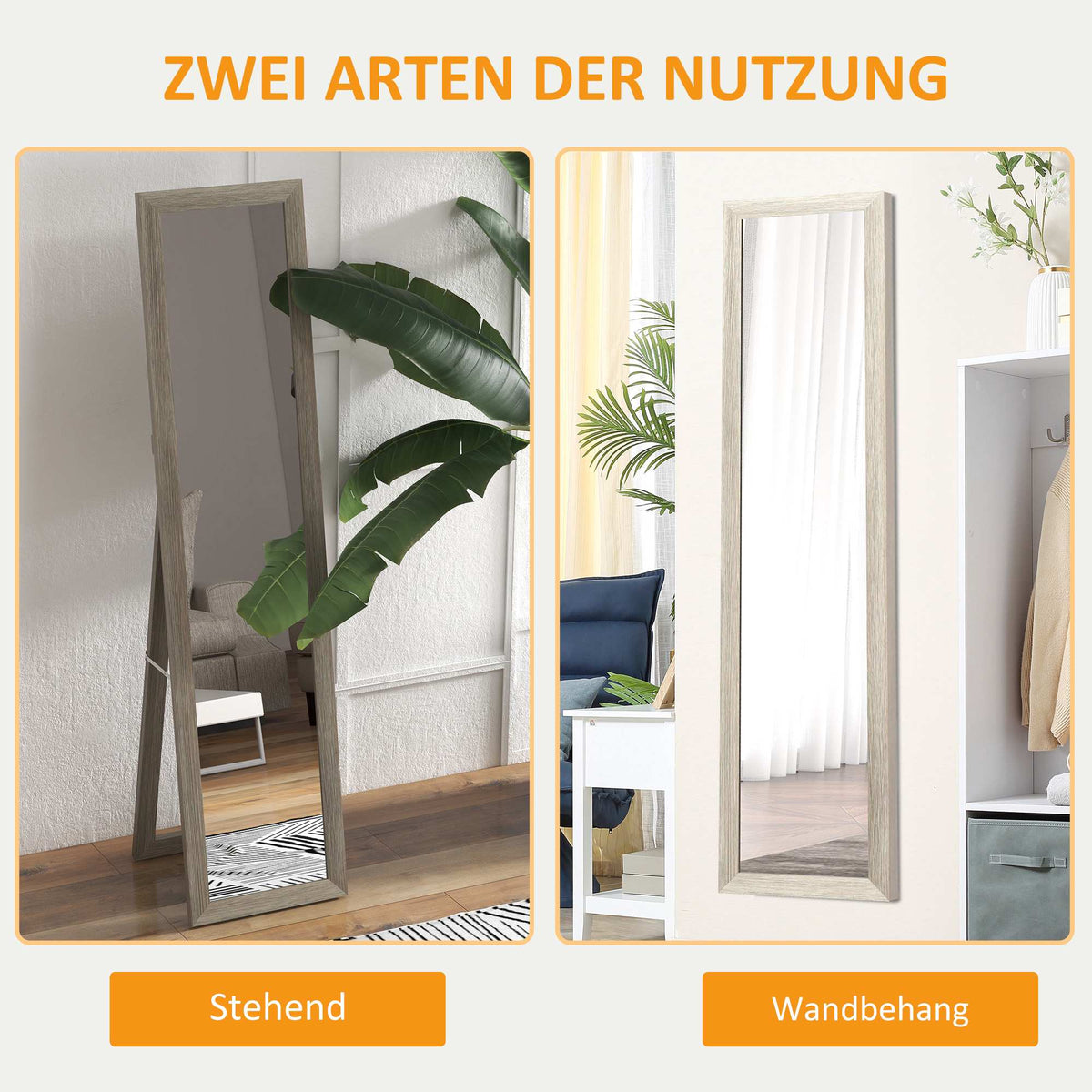 Full-Length Mirror, 37x157 cm, Wall-Mount or Freestanding, Gray