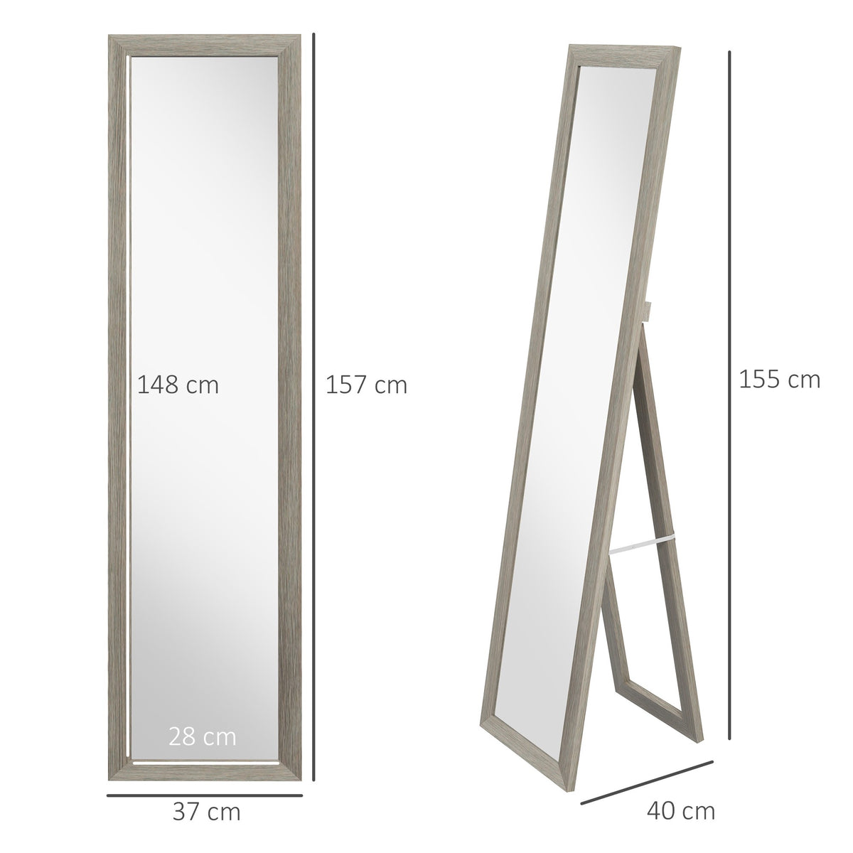 Full-Length Mirror, 37x157 cm, Wall-Mount or Freestanding, Gray