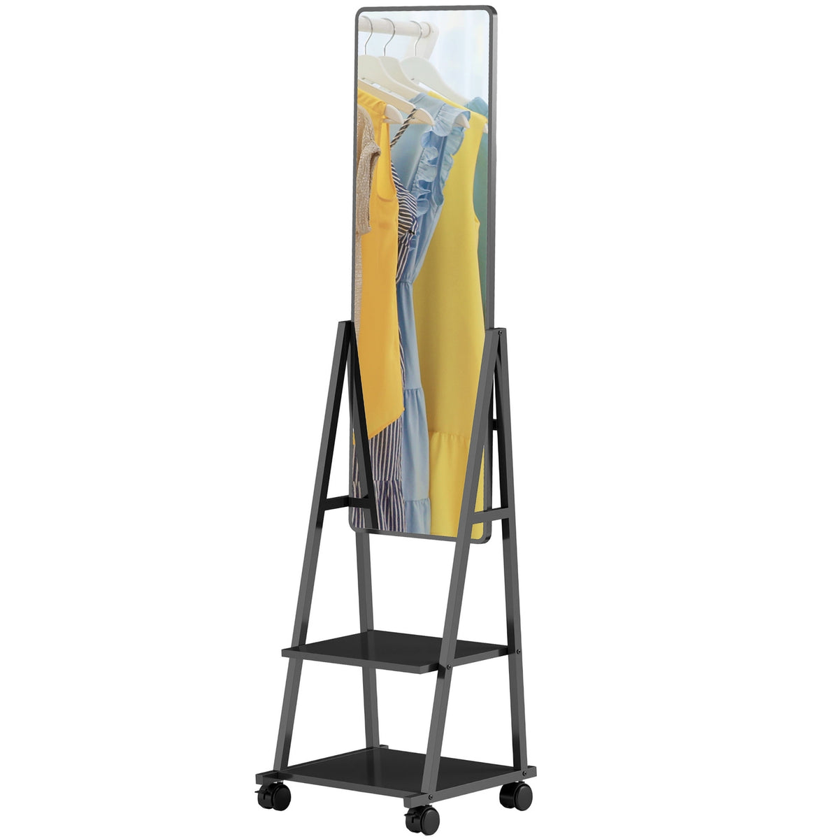 Full Length Mirror, 42 x 155 cm Standing Mirror with Shelf, Standing Mirror with Wheel, Floor Mirror for Bedroom, Living Room, Black
