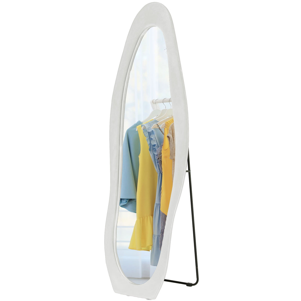 Full Length Mirror 50 x 160 cm Standing Mirror with Velvet Frame Cover, Irregular Wavy Wall Mirror for Bedroom, Living Room, White