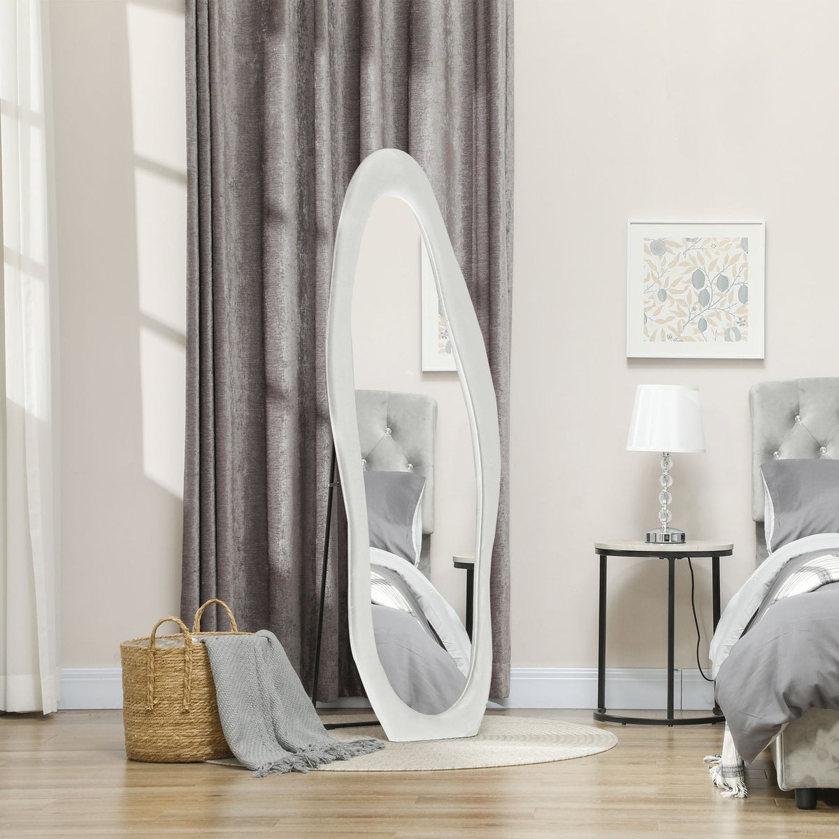 Full Length Mirror 50 x 160 cm Standing Mirror with Velvet Frame Cover, Irregular Wavy Wall Mirror for Bedroom, Living Room, White