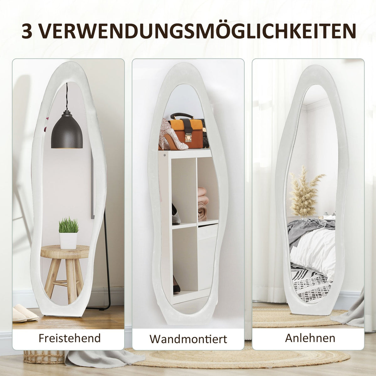 Full Length Mirror 50 x 160 cm Standing Mirror with Velvet Frame Cover, Irregular Wavy Wall Mirror for Bedroom, Living Room, White