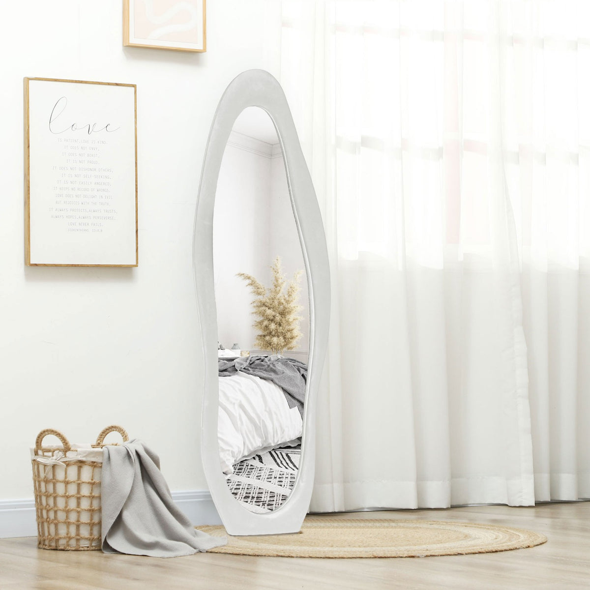 Full Length Mirror 50 x 160 cm Standing Mirror with Velvet Frame Cover, Irregular Wavy Wall Mirror for Bedroom, Living Room, White