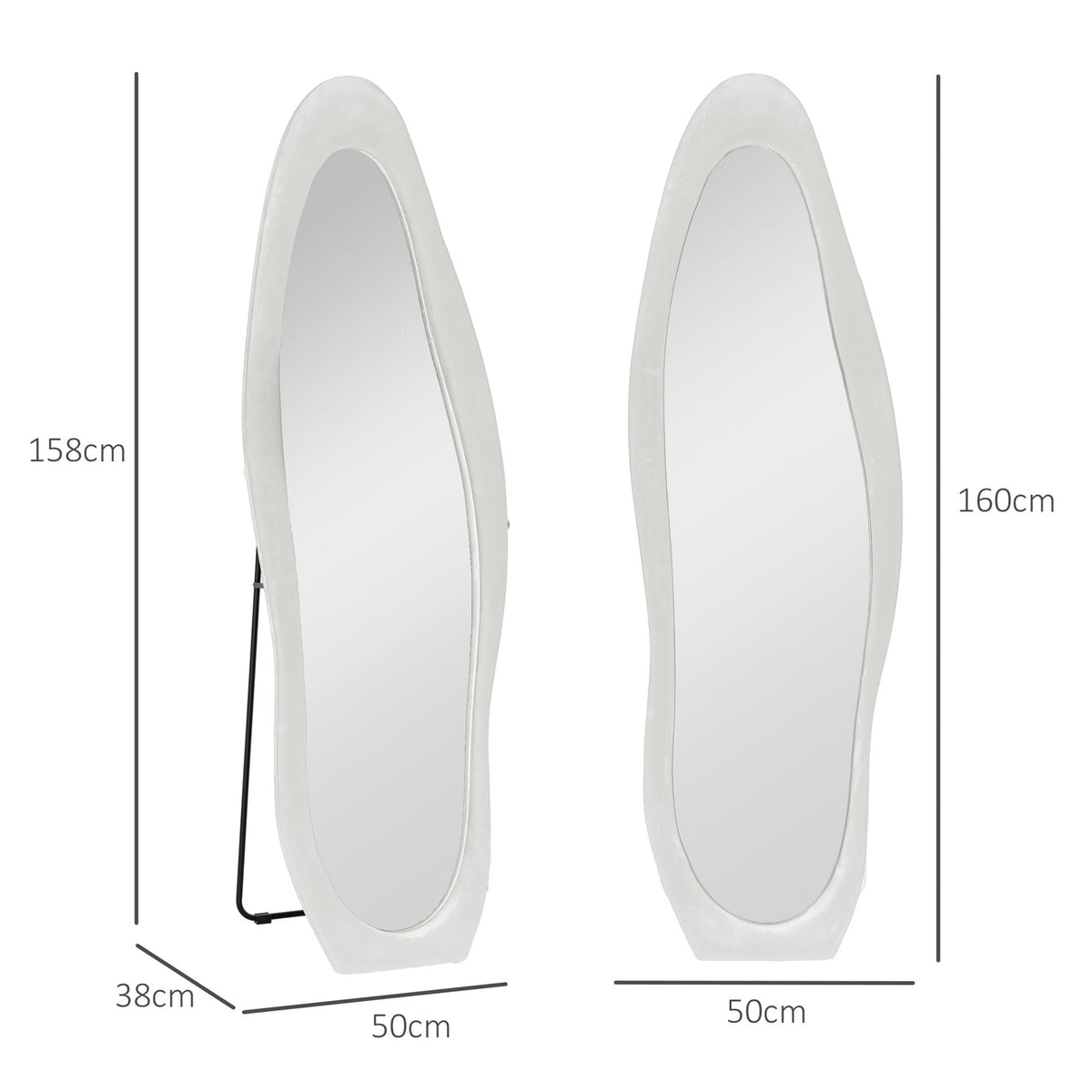 Full Length Mirror 50 x 160 cm Standing Mirror with Velvet Frame Cover, Irregular Wavy Wall Mirror for Bedroom, Living Room, White