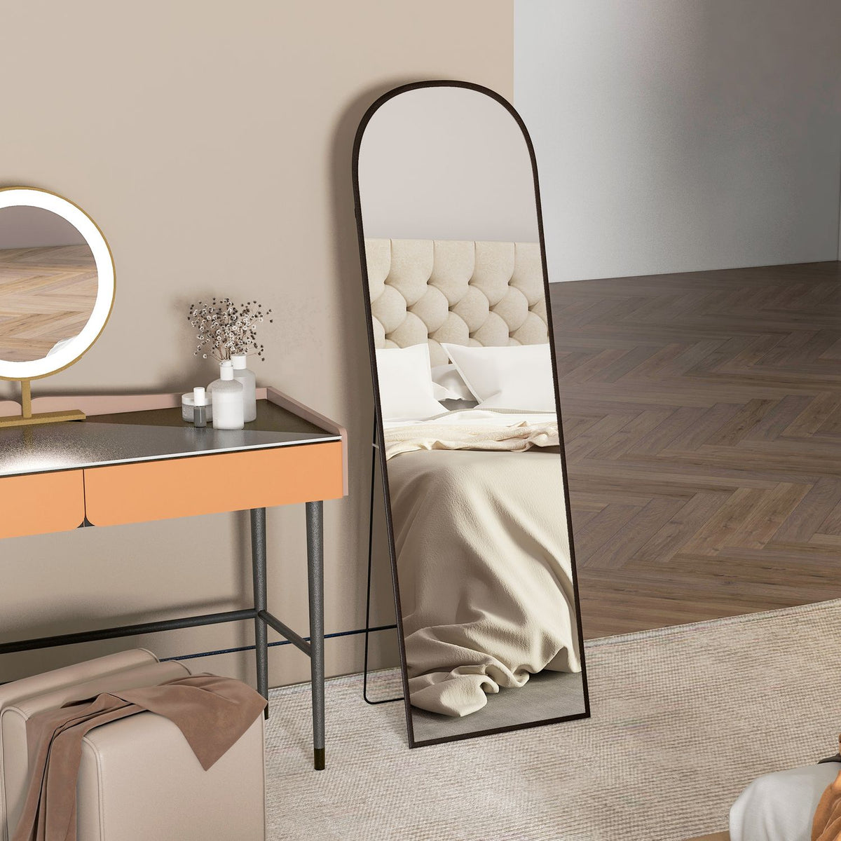 Full Length Mirror 64" X 20" Wall Mirror With Stand Aluminum Alloy Frame Standing Mirror For Living Room Bedroom Black