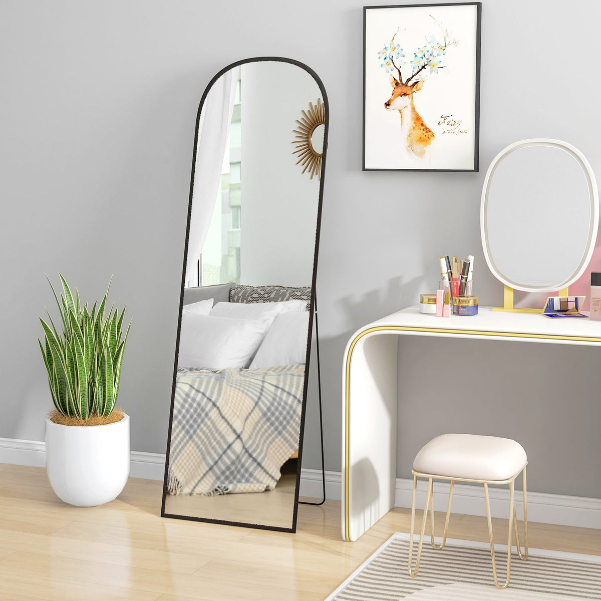 Full Length Mirror 64" X 20" Wall Mirror With Stand Aluminum Alloy Frame Standing Mirror For Living Room Bedroom Black