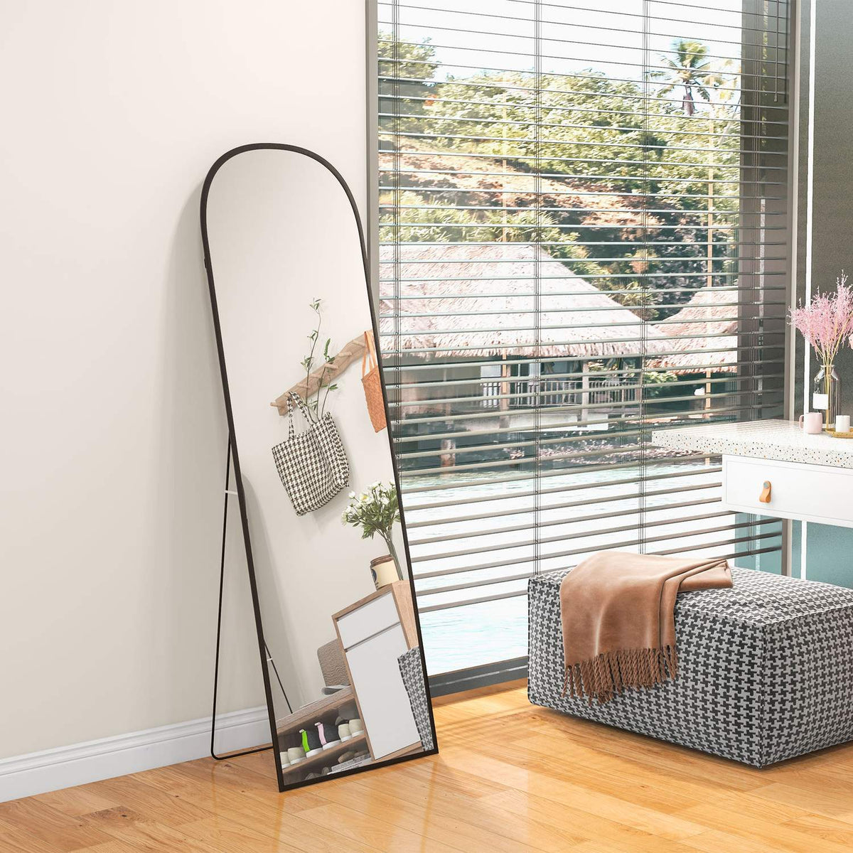 Full Length Mirror 64" X 20" Wall Mirror With Stand Aluminum Alloy Frame Standing Mirror For Living Room Bedroom Black