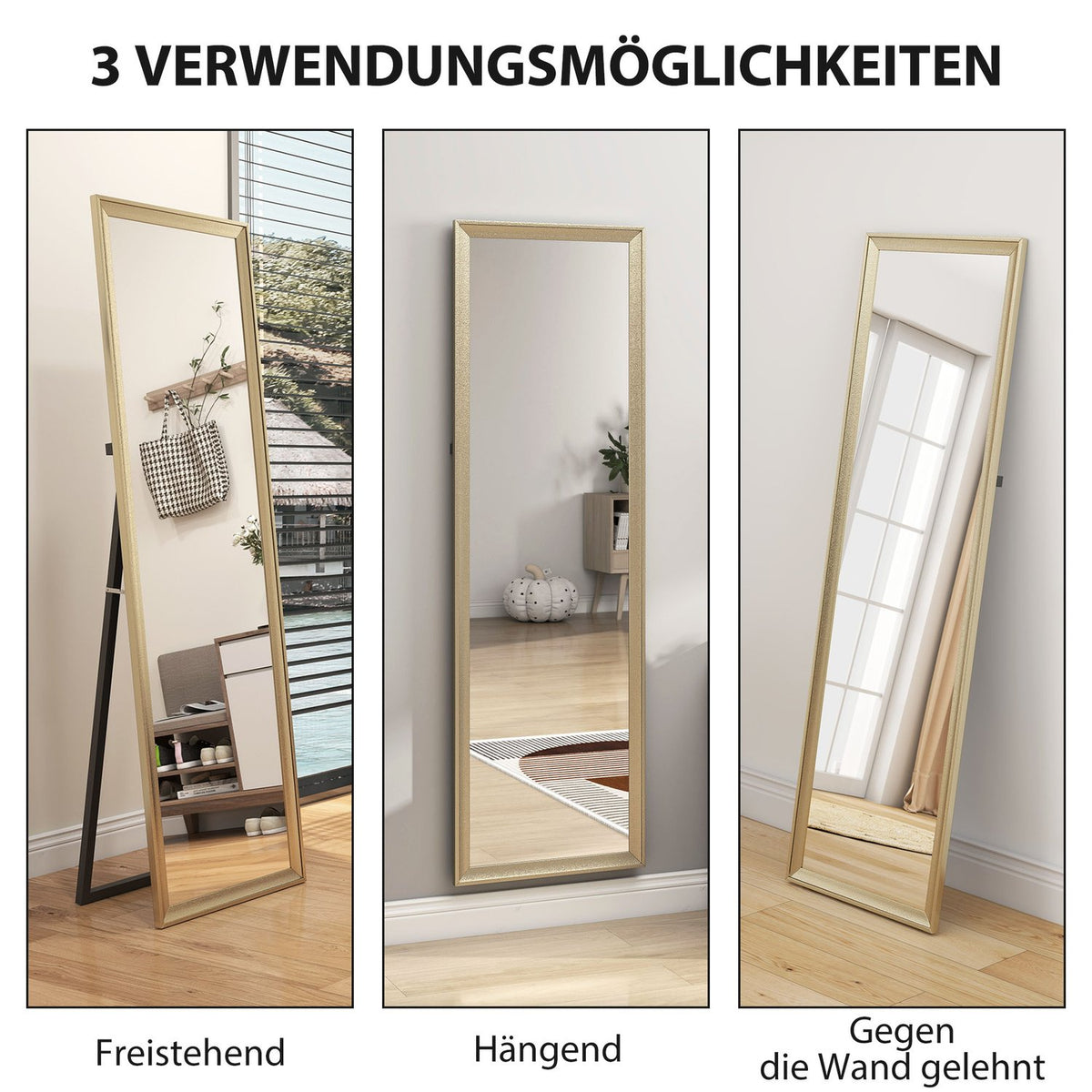 Full-Length Mirror, Flexible Placement, 160x50 cm, Gold