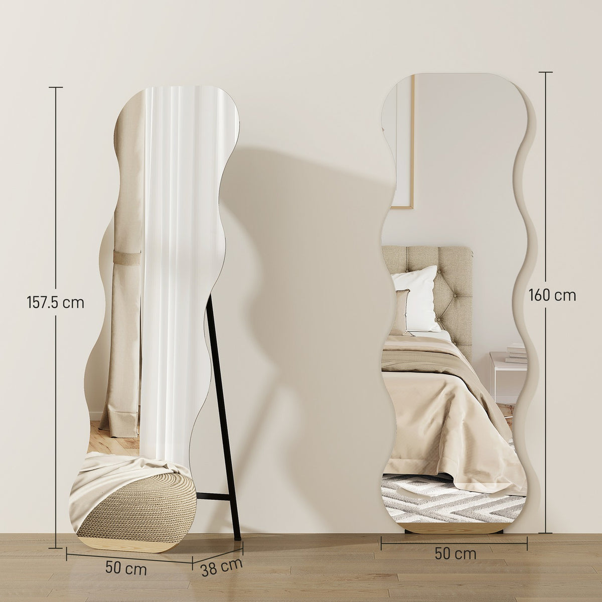 Full-Length Mirror, Frameless, Wood Base, Wave Shape, Black
