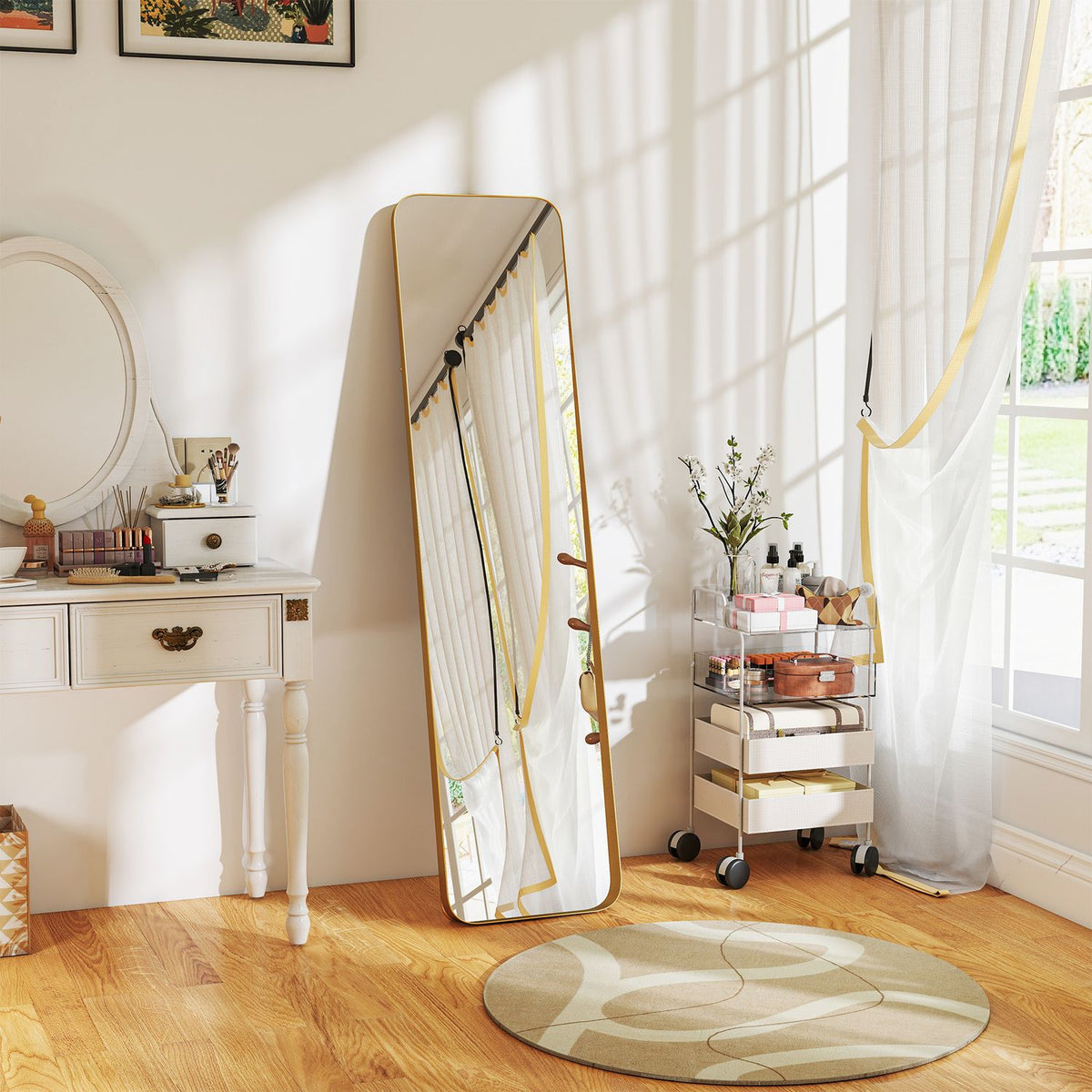 Full-Length Mirror, Freestanding Tilt, Gold Metal Frame, 160x40 cm