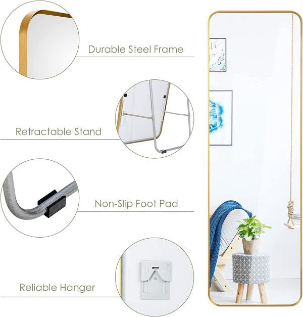 Full-Length Mirror – Wall-Mount Or Freestanding, Gold Steel