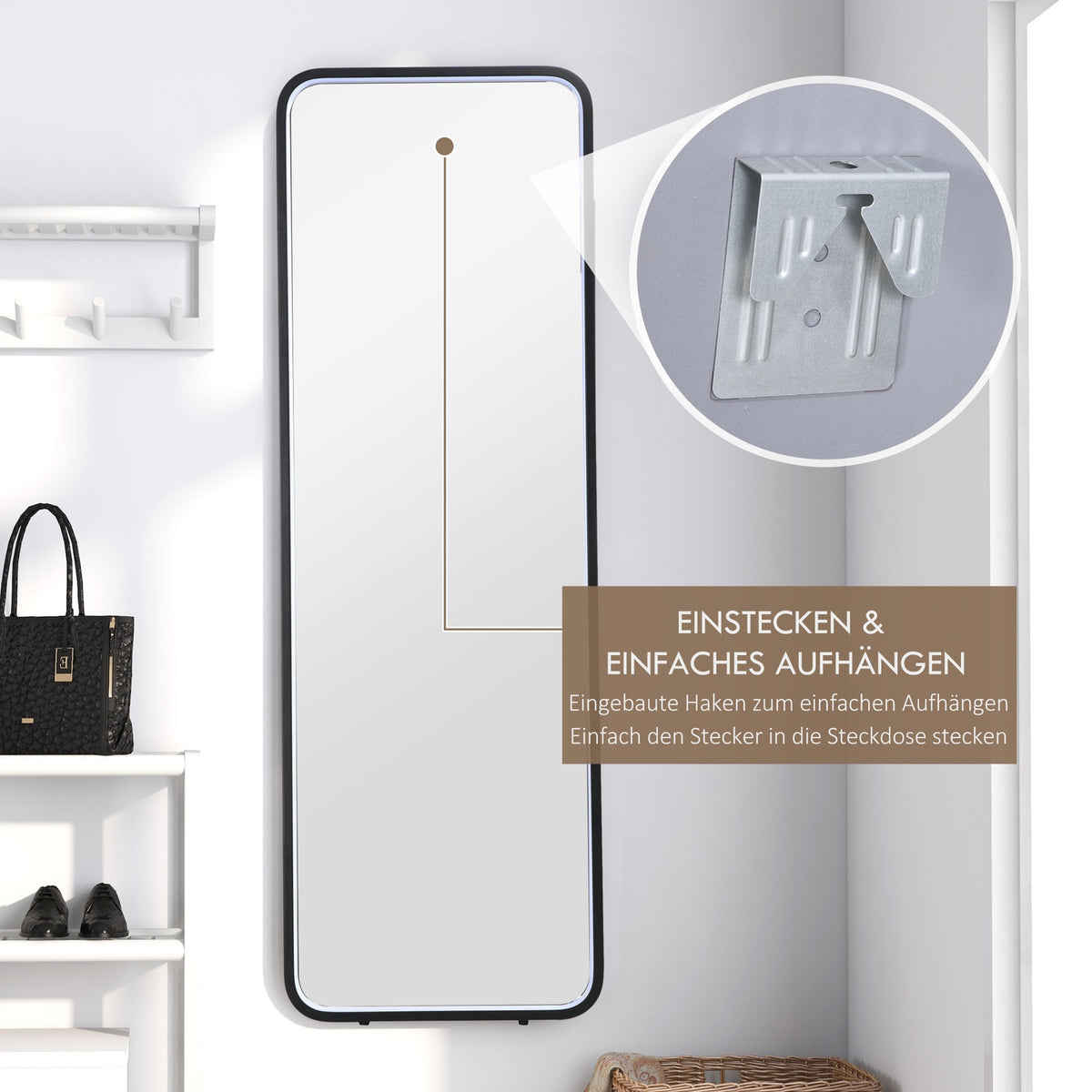 Full-Length Mirror With Led Light Wall Mirror, Standing Mirror, Dimmable, Light Mirror With Touch Switch, Black, 46X146 Cm