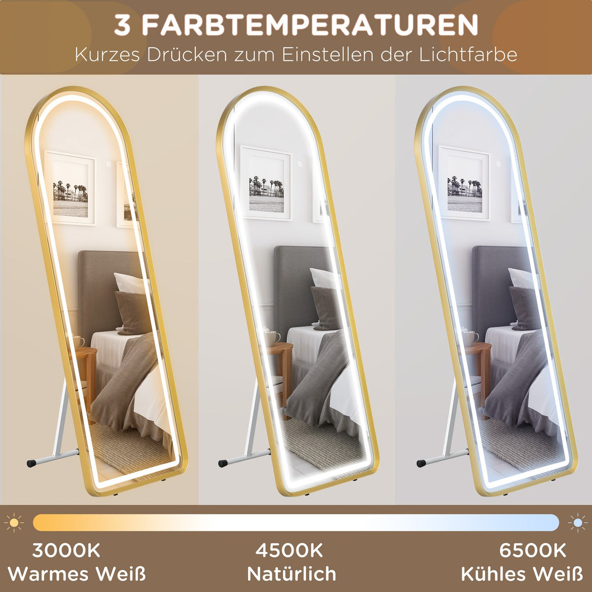 Full-Length Mirror With Led Light Wall Mirror, Standing Mirror, Dimmable, Wardrobe Mirror With Touch Switch, Gold, 47X146 Cm