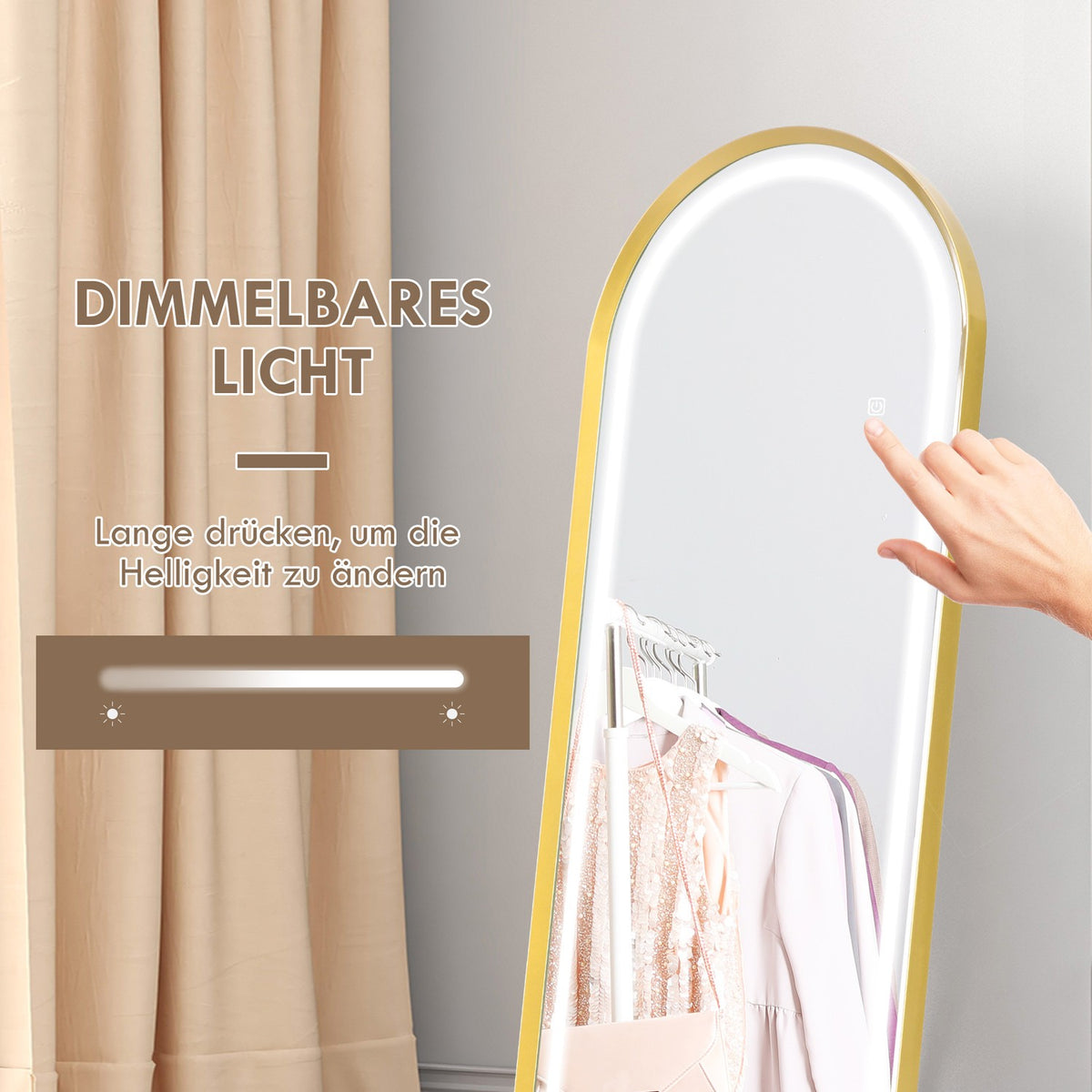 Full-Length Mirror With Led Light Wall Mirror, Standing Mirror, Dimmable, Wardrobe Mirror With Touch Switch, Gold, 47X146 Cm