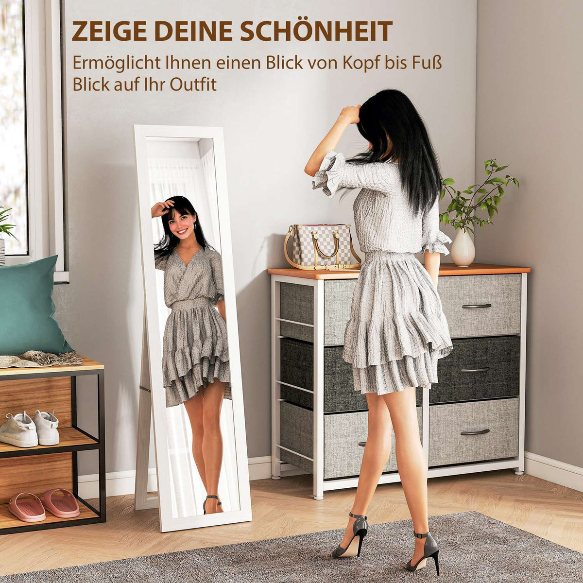 Full-Length Mirror with Frame, Antique Wood Finish, 157 cm