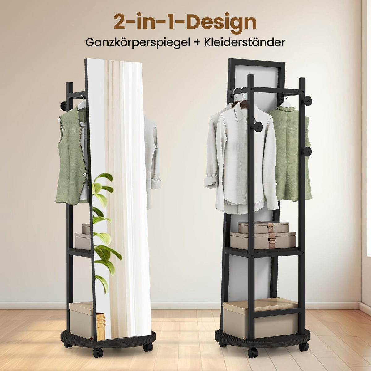 Full-Length Mirror with Hooks, Shelves & Wheels, Black