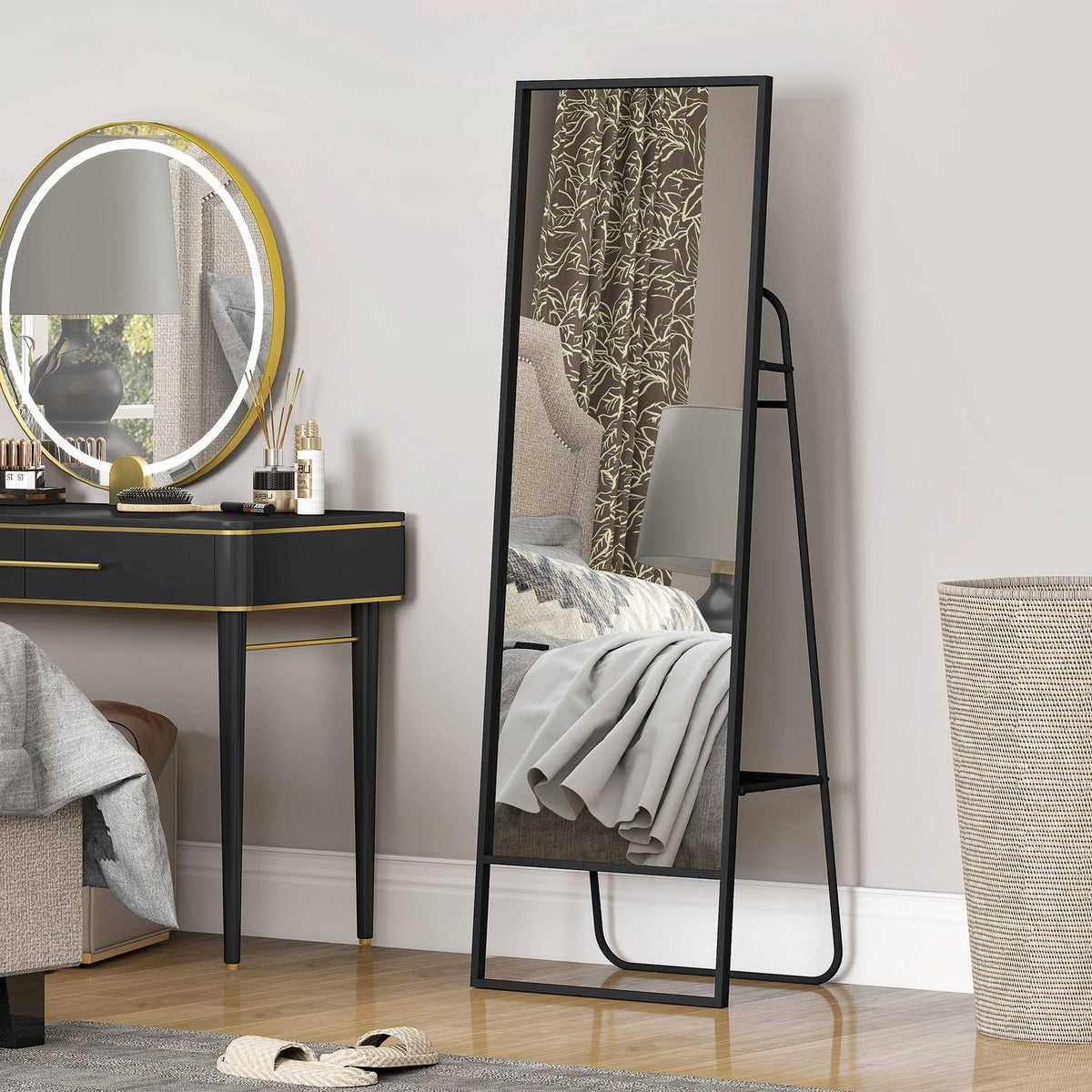 Full-Length Mirror with Shelf & Hooks, Black, 157x50 cm