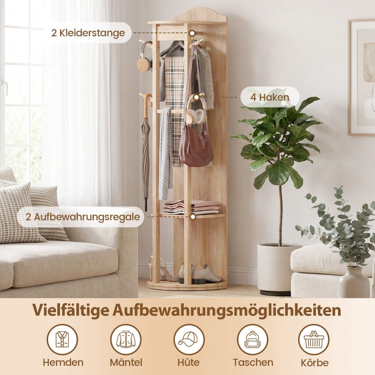 Full-Length Mirror with Stand, Rotating Coat Rack, Natural Wood