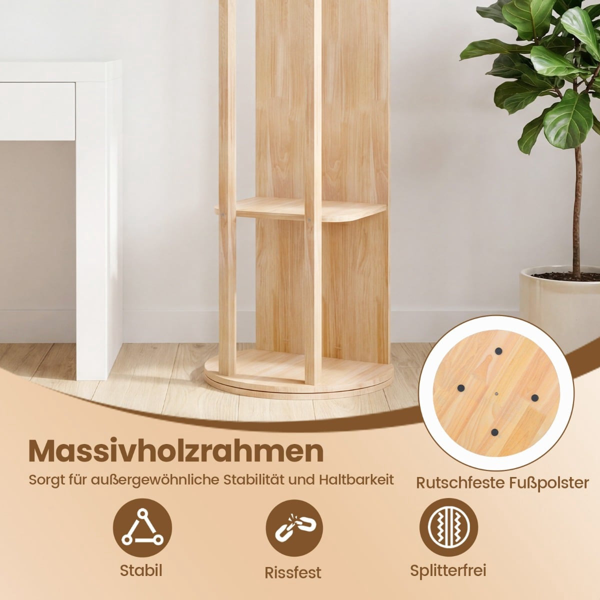 Full-Length Mirror with Stand, Rotating Coat Rack, Natural Wood