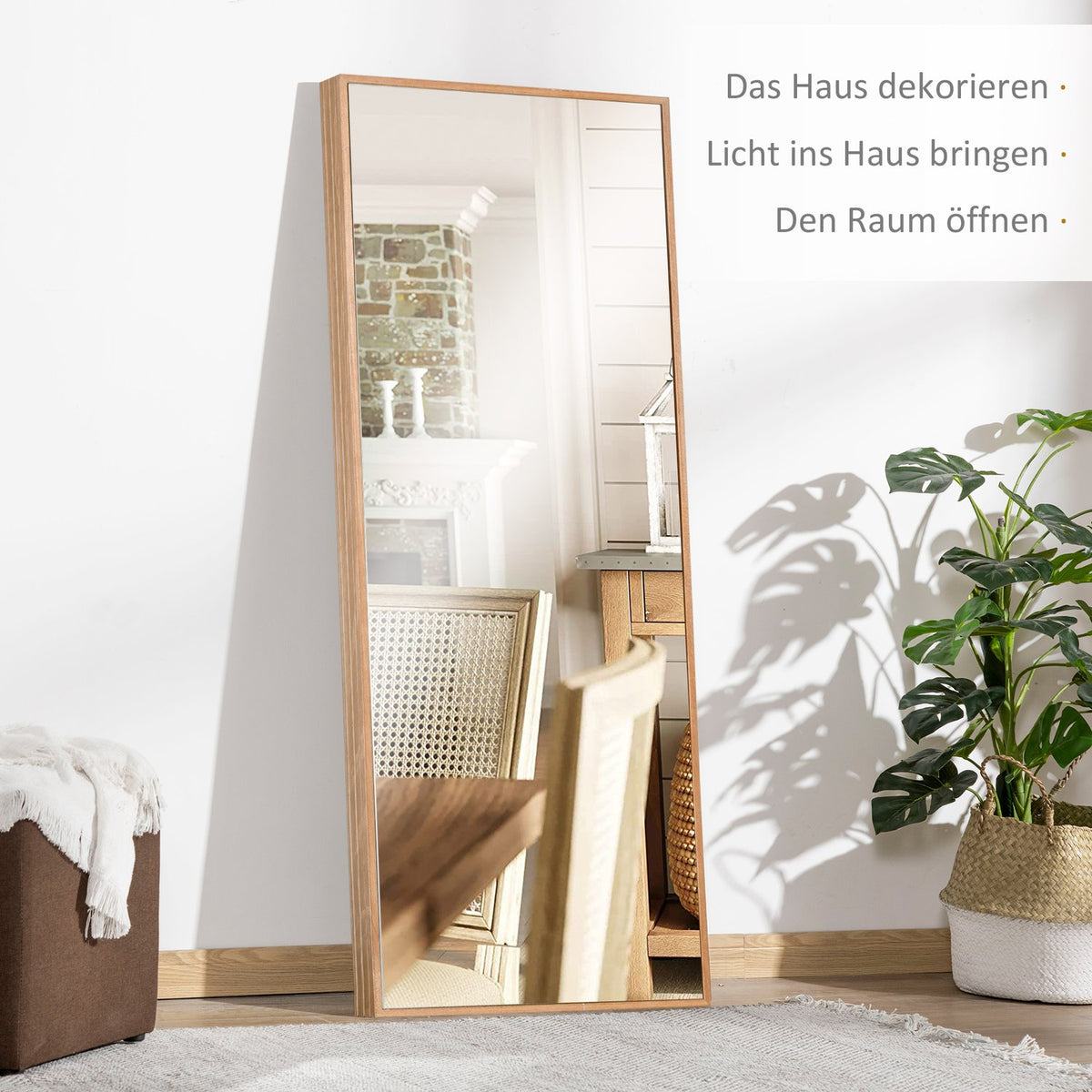 Full-Length Wall Mirror 125X45Cm With Wooden Frame, Natural, For Cloakroom Or Hallway