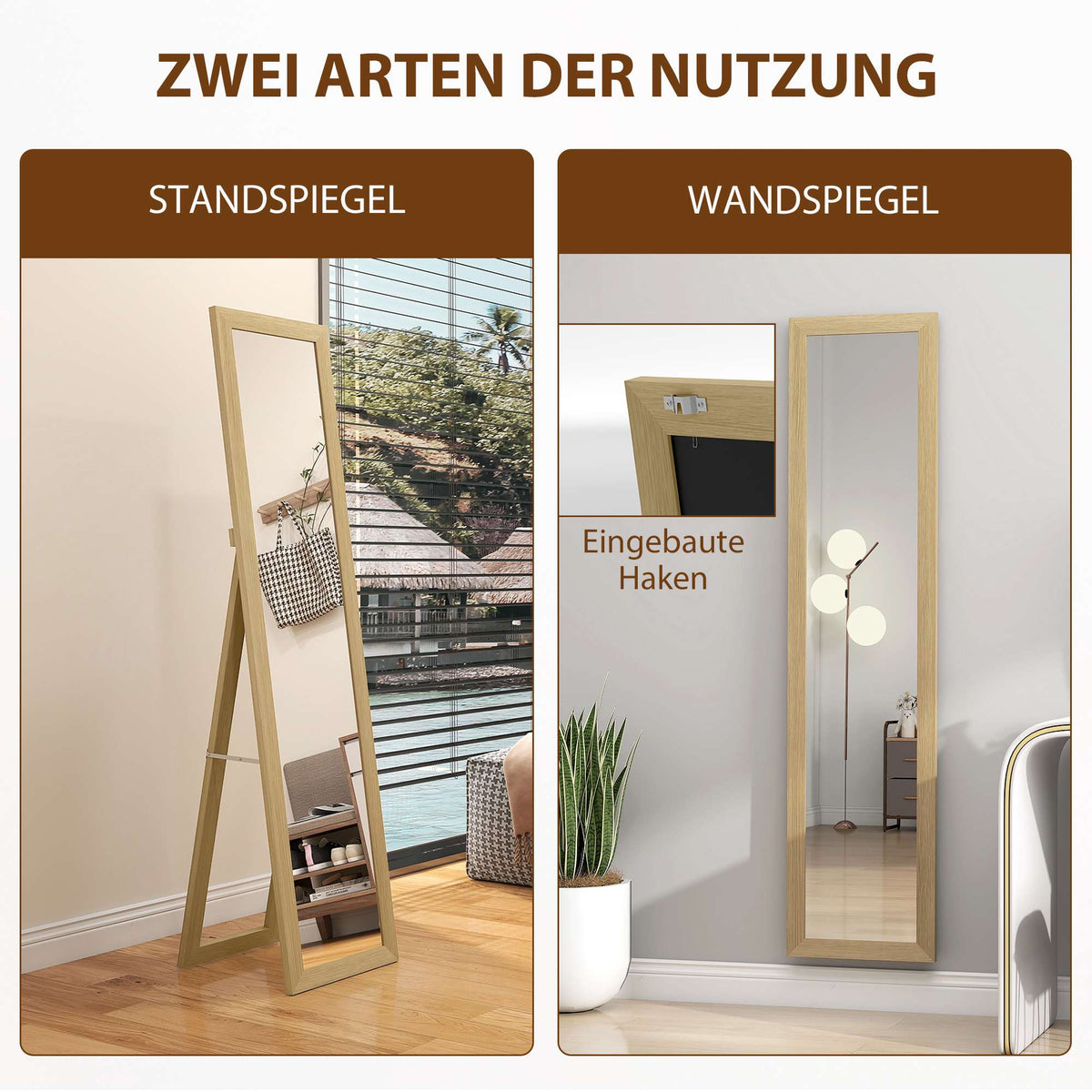 Full-Length Wall Mirror, Oak Frame, 37x40x155 cm
