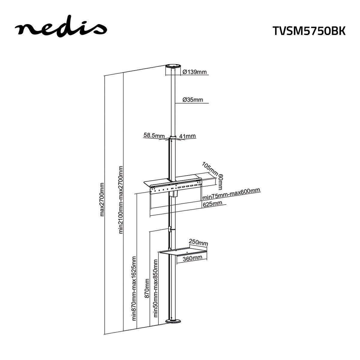 Full Motion TV Stand | 37 - 70 " | Maximum supported screen weight: 30 kg | Tiltable | Rotatable | Adjustable pre-fixed heights | Aluminium / Steel | Black / Silver