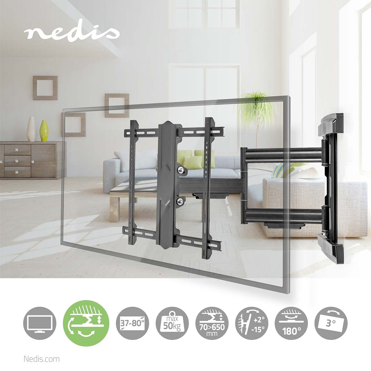 Full Motion TV Wall Mount | 37 - 80 " | Maximum supported screen weight: 50 kg | Tiltable | Rotatable | Minimum wall distance: 70 mm | Maximum wall distance: 650 mm | 3 Pivot point(s) | Steel | Black