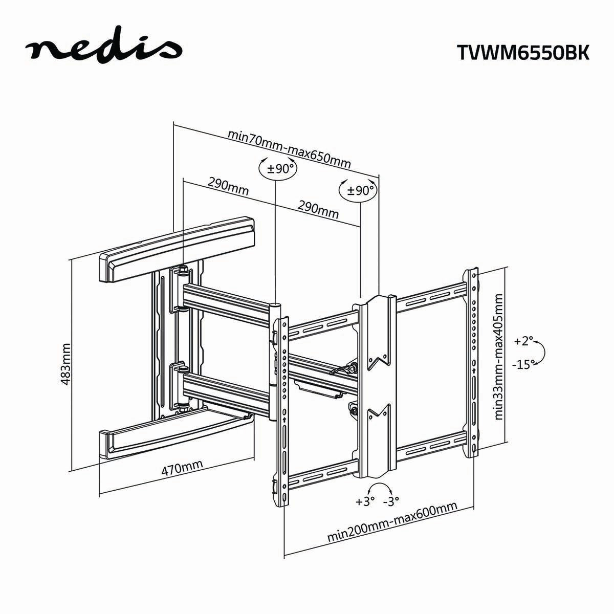 Full Motion TV Wall Mount | 37 - 80 " | Maximum supported screen weight: 50 kg | Tiltable | Rotatable | Minimum wall distance: 70 mm | Maximum wall distance: 650 mm | 3 Pivot point(s) | Steel | Black