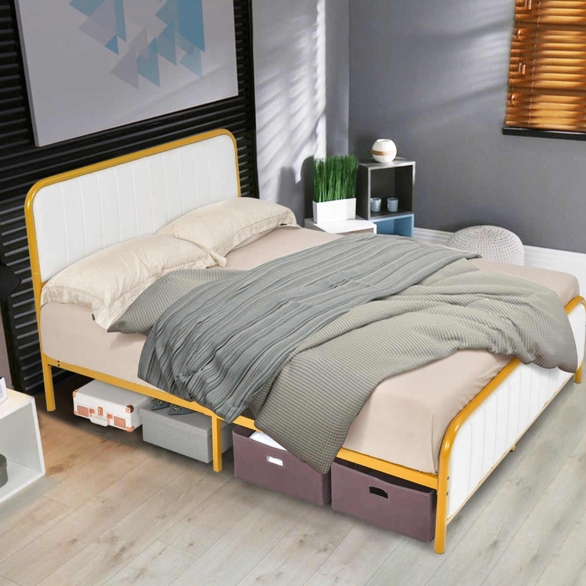 Full Size Metal Platform Bed Frame, Gold, Padded Headboard