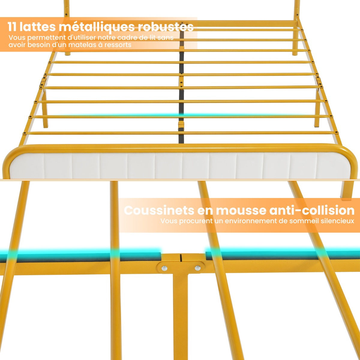Full Size Metal Platform Bed Frame, Gold, Padded Headboard